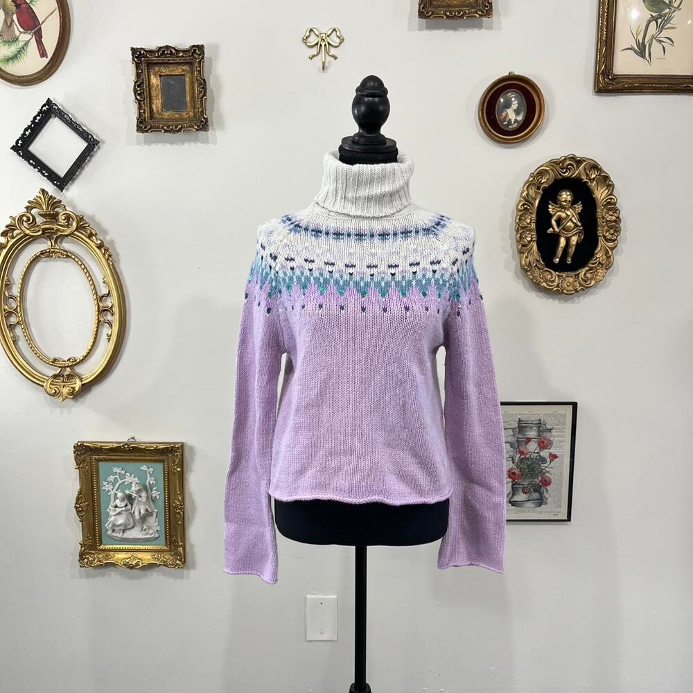 Vintage Y2K Rue 21 Lilac Fair Isle Sequin Knit Turtleneck Sweater Bell Sleeves